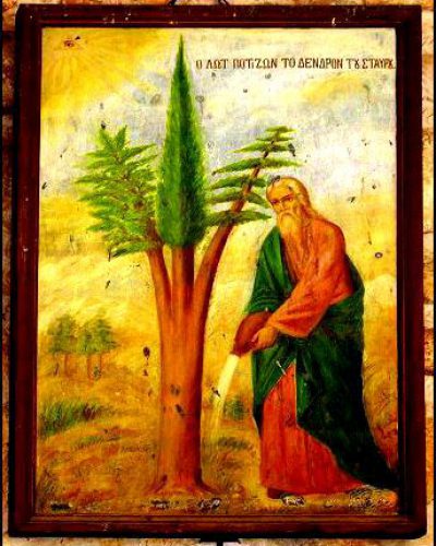 Праведный Лот поливает триединое дерево – главная икона монастыря Св. Креста в Иерусалиме.